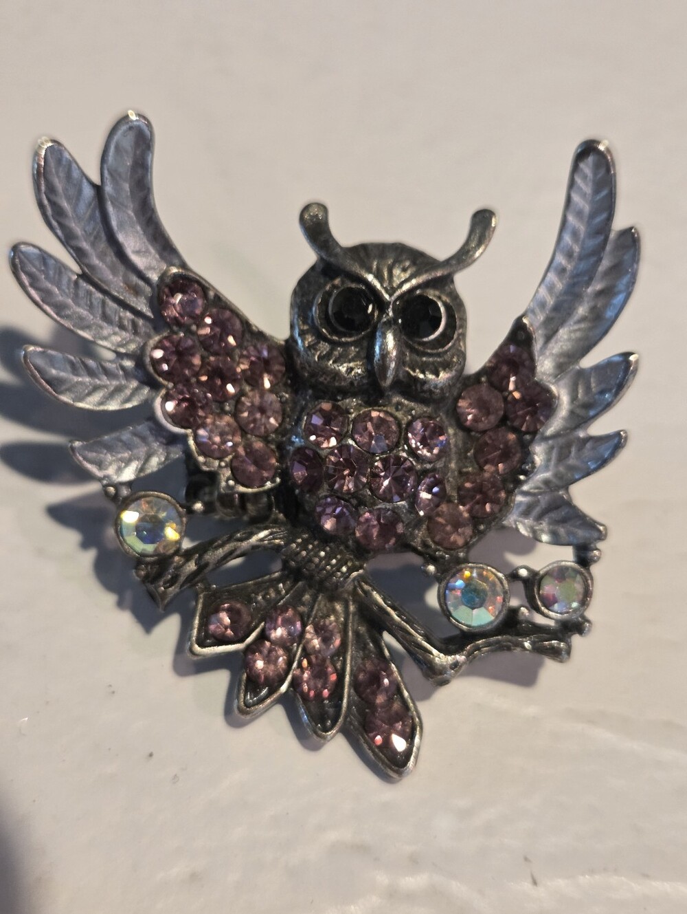 Silver Owl On A Branch Purplish/Pink Rhinestone Encrusted Stretch Ring